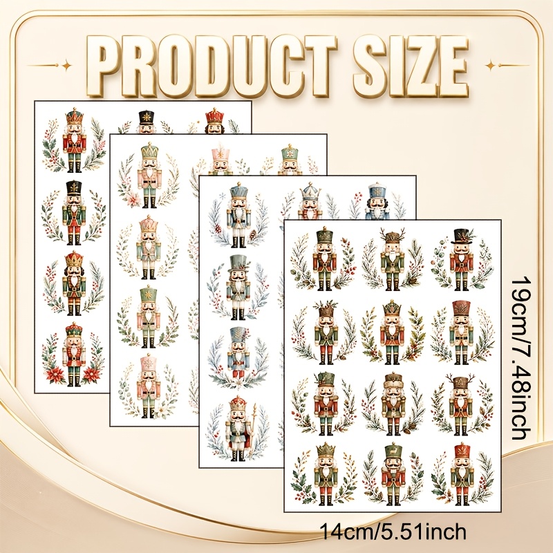 TEMU 4pcs Vintage Nutcracker Uv Transfer Suitable For Ceramic Mugs, Glass Jars & Phone Cases - Translucent Vinyl With Nutcracker Soldiers, Pine Holly