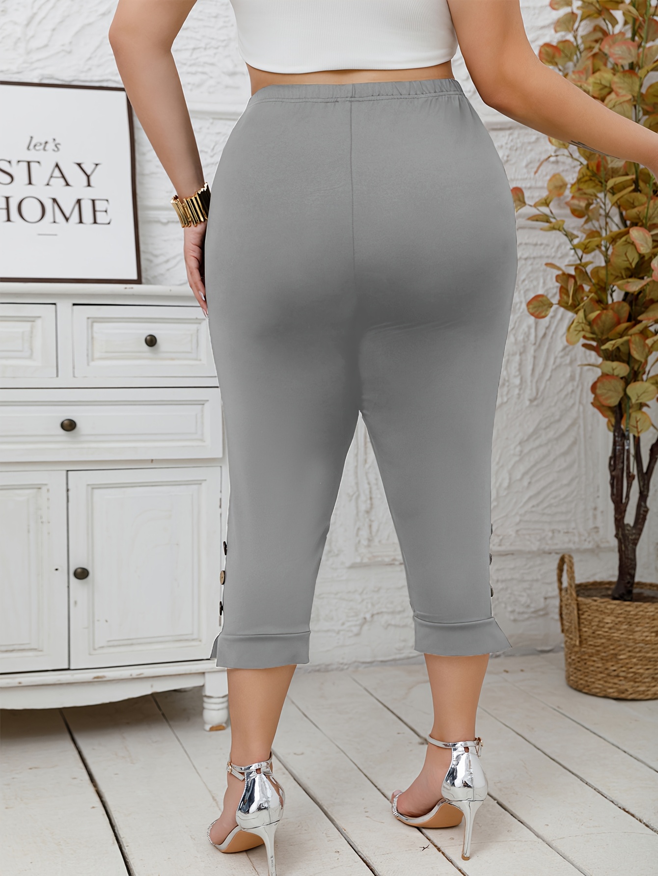 Women'S Plus Size Skinny Jeans - Casual, Stretchy, Three Quarter Length, Button Decor, All-Season Fashion, Casual Wear|Stylish Casualwear|Decorative Button Jeans