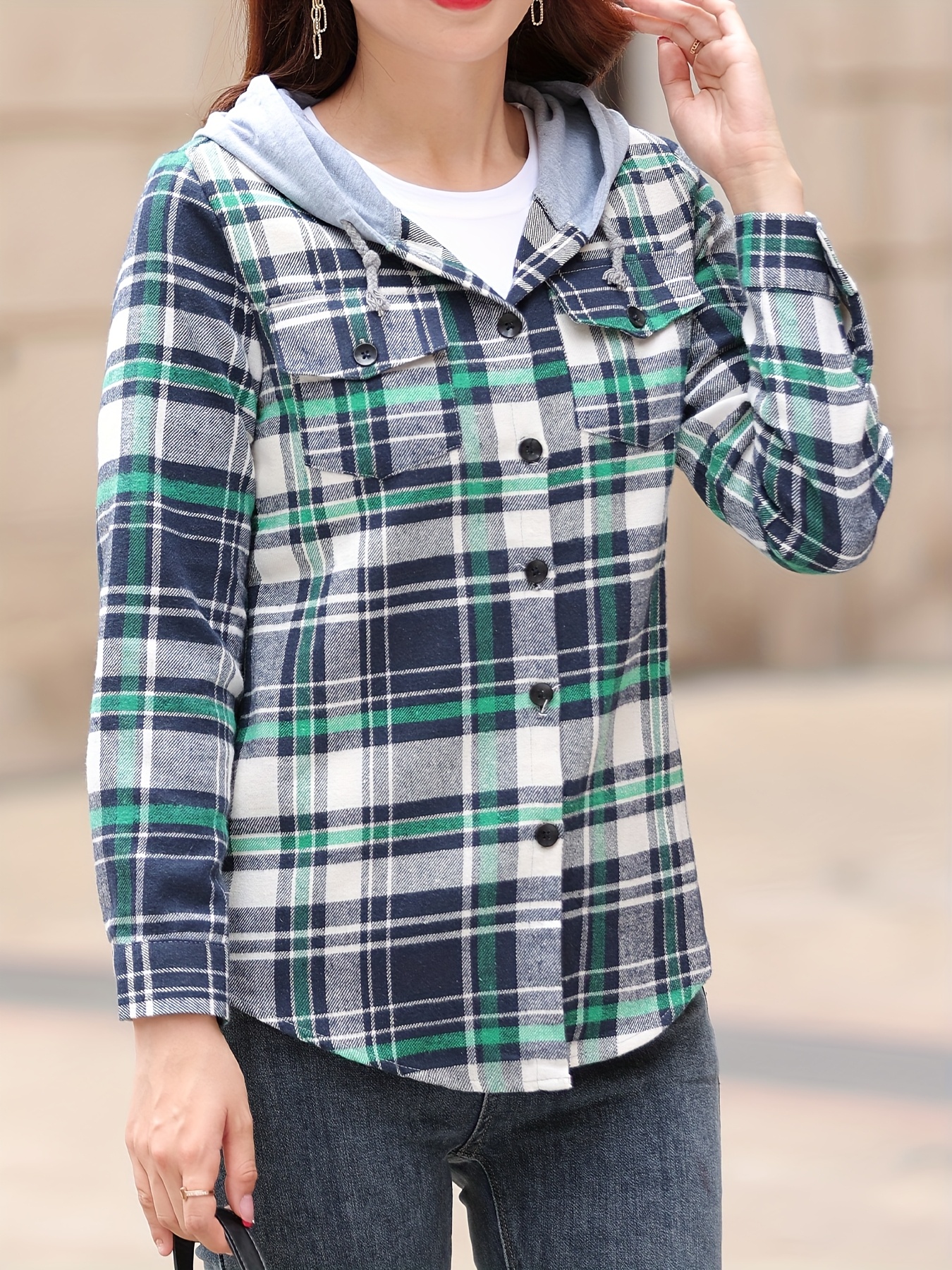 womens hooded shirt pockets soft textured casual Temu Canada