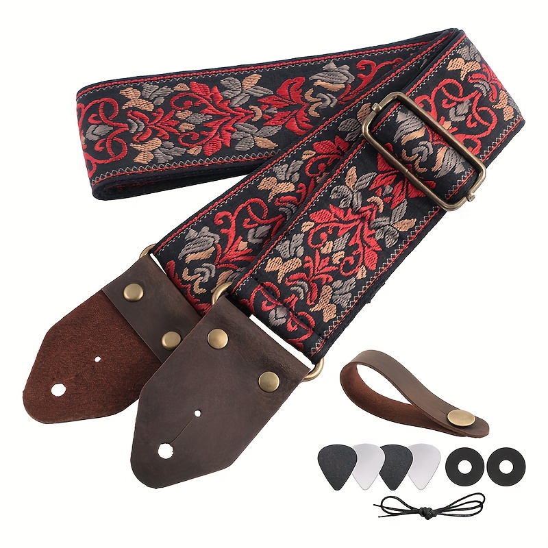 Image of Compatible For Guitar - Jacquard Embroidery Strap With Leather Ends, / Music Instrument Strap Suitable For , Electric & Acoustic Guitars - Ideal Gift For Kids & Guitarists