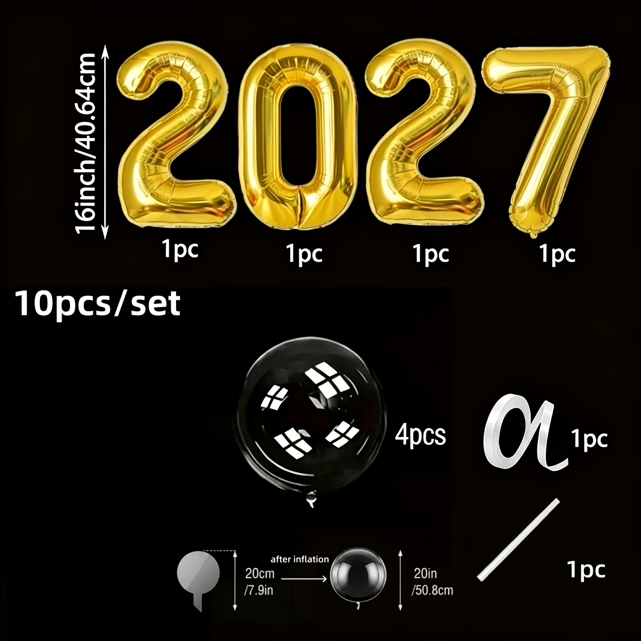TEMU Juego de 10 piezas de globos Bobo Ball transparentes con de lámina dorada 2027, Bobo Ball transparente de 20 pulgadas y número 2027 dorado de 16