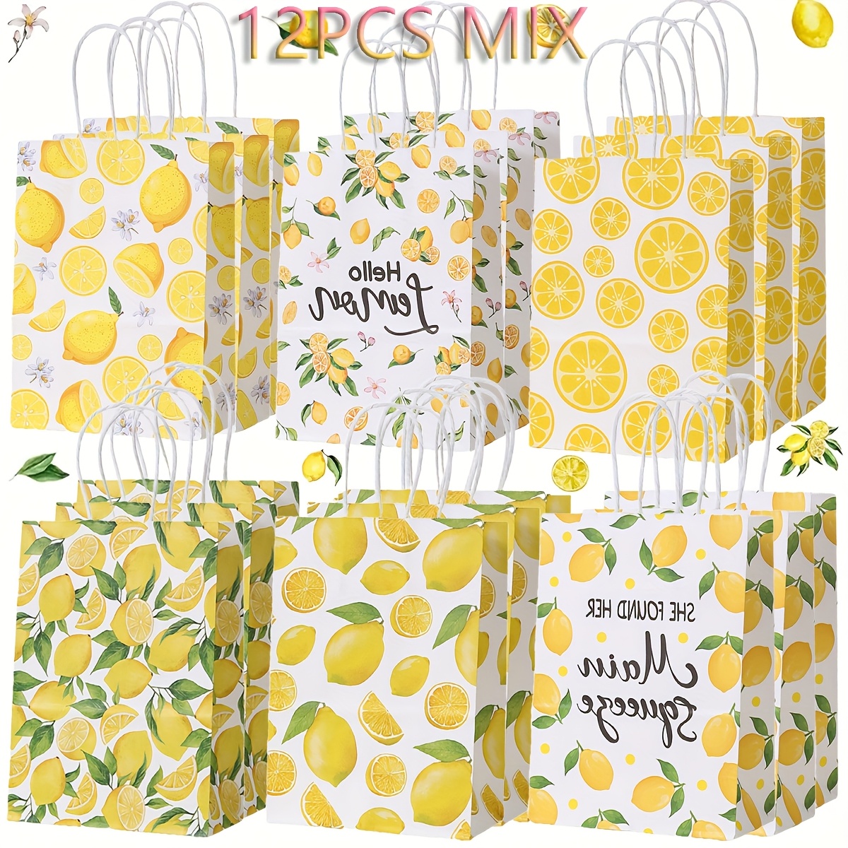 12pcs Summer Festival Party Lemon Pattern Printed Gift Bags Paper Tote Bags