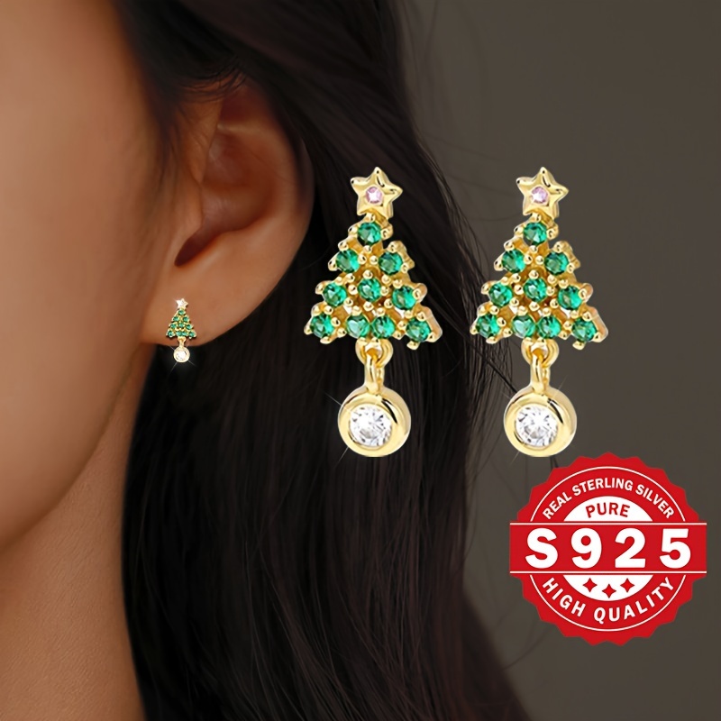 

1 Pair Women's Earrings, S925 Sterling Silver, Christmas , Bohemian , Hypoallergenic 1.8g, 18k Golden Plated, Cubic Zirconia, Gifts &