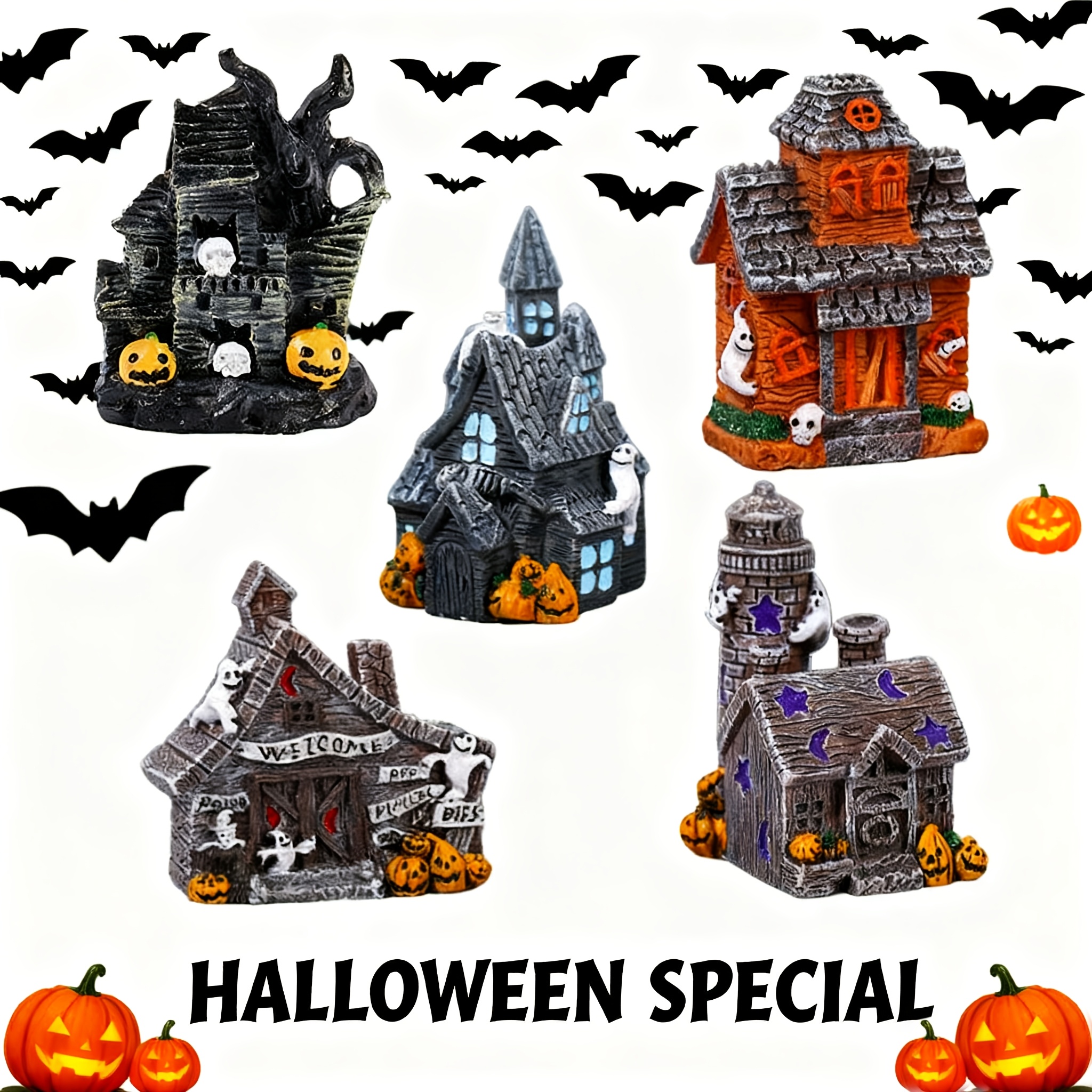 TEMU 5pcs Traditional Resin Haunted House Dolls Set - Miniature Figures & Spooky Mansion Decorations For Dollhouse, For Halloween Party, Haunted