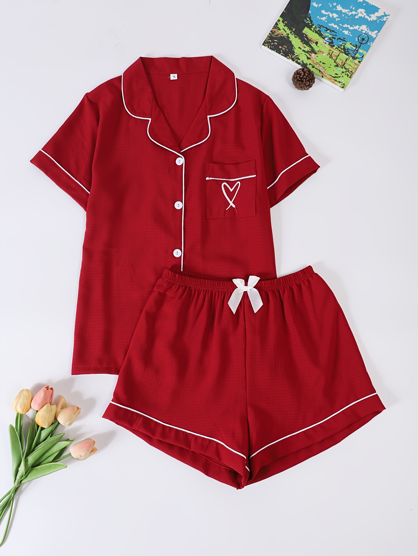Ladies' Stylish Casual Burgundy Heart Pocket Embroidered Easy Short-Sleeve Shorts Pajama Set