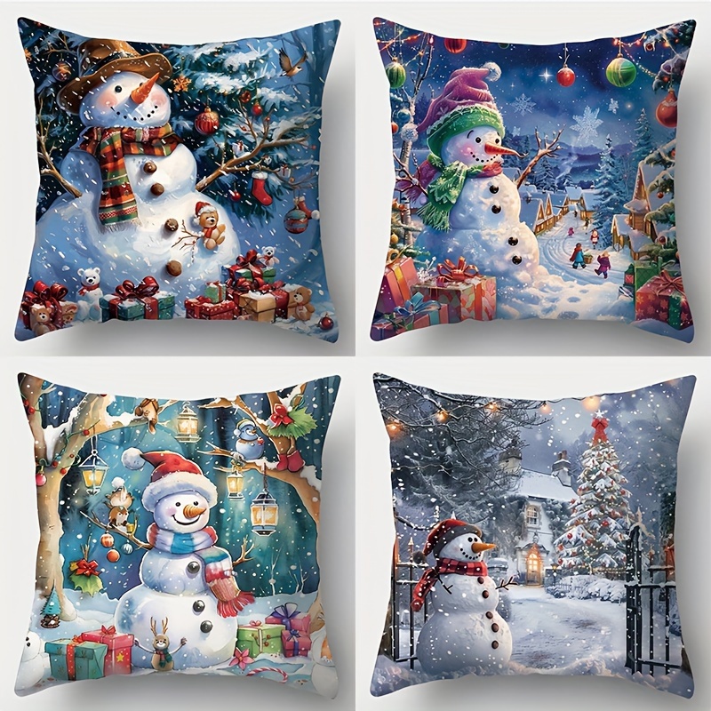 

4pcs New Christmas Pillow, Snowman Print, 17.72*17.72, Suitable For Living Room Sofa, Bed, Bedroom, Home Decoration, Without Pillow