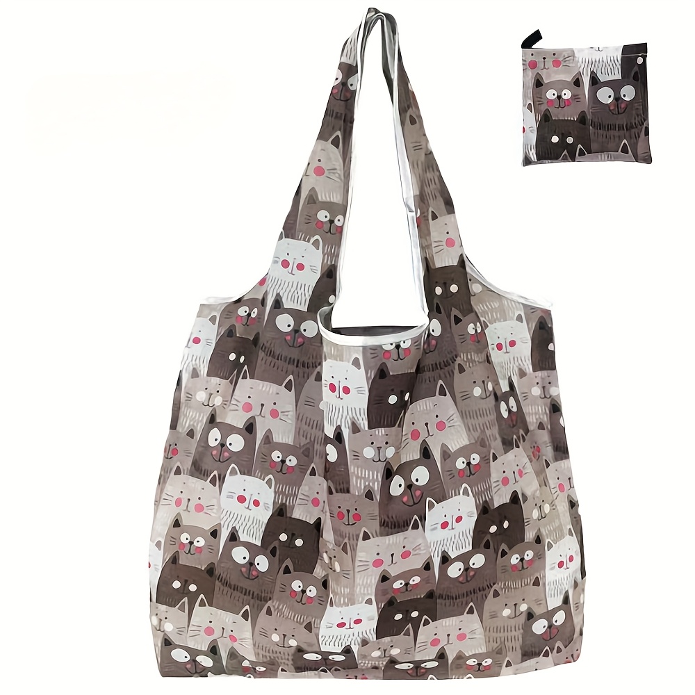 Image of 1pc Fashion Print Tote Bag, Kitten Cute Shopping Bag, Outdoor Travel And Camping Tote Bag, Large Capacity Foldable Bag