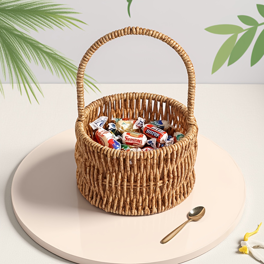 TEMU 1pc Of A Synthetic Rattan Storage Basket With A Handle, Suitable For Organizing Various Items Room, As Well As For Gift Hampers, Wedding Favors,