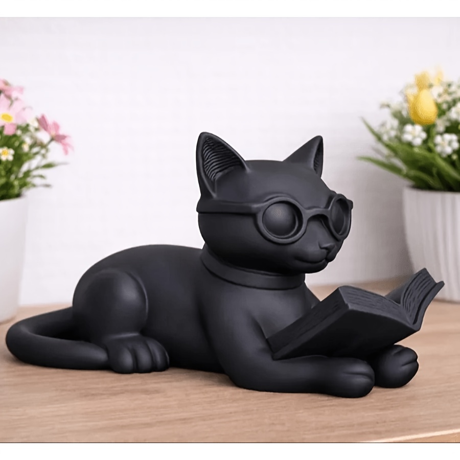 TEMU Glasses-wearing Statue, Desktop Ornament, Wise And Artistic Cat Sculpture, Light , Suitable For Home Office, Desktop Decoration, Halloween,