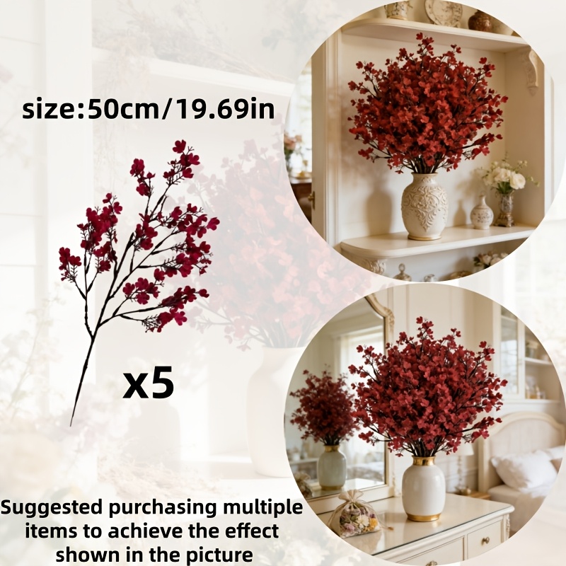 5 Bunches Burgundy 's Breath Artificial Flowers, Suitable For Home Decor, Dining Table, Holiday Parties, Weddings, Vase Floral Arrangements, For Festivals And Anniversaries, Durable Plastic Flowers