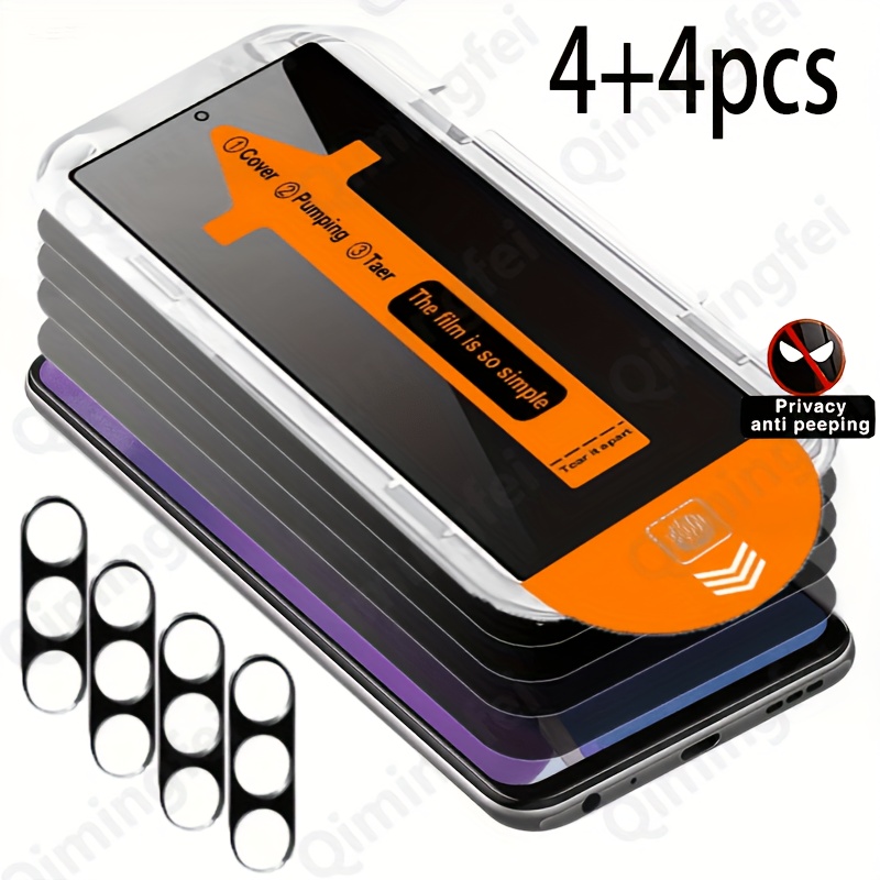 E-shop Set mit 4 Privacy Panzerglas Schutzfolien mit Auto-Ausrichtungs-Kit und 4 Kameralinsenschutzfolien für Samsung Galaxy