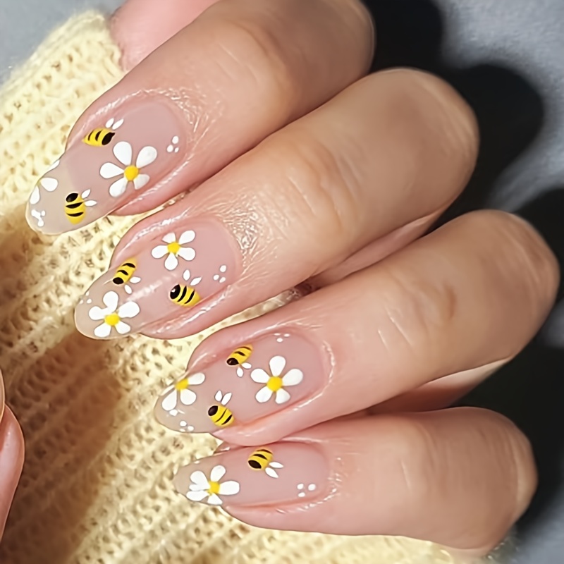 24pcs Wearable Nails White Flowers Yellow Bees Nail Art Long Almond Shape Press-on Nails Easy Premium Nail Stickers