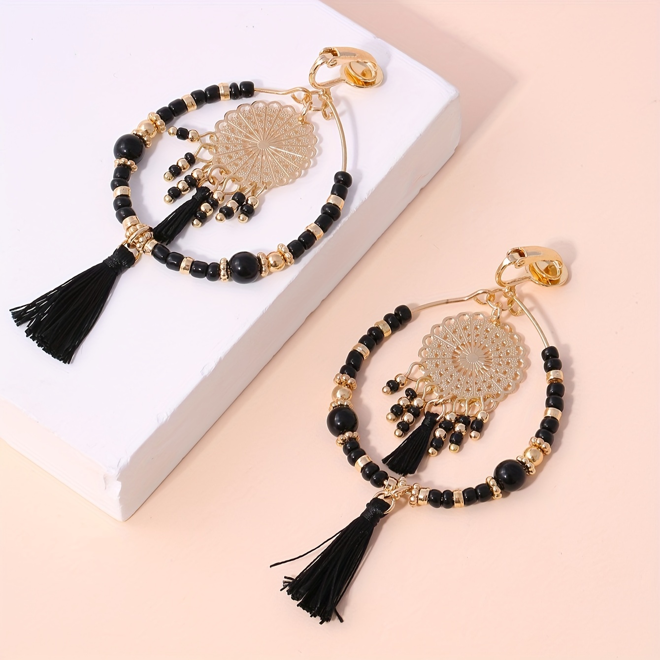 Boho Elegant Dangle Earrings With Tassel, Black Beads And Copper Design, Copper Clip-on For Non-pierced Ears, Suitable For Parties, And Banquets