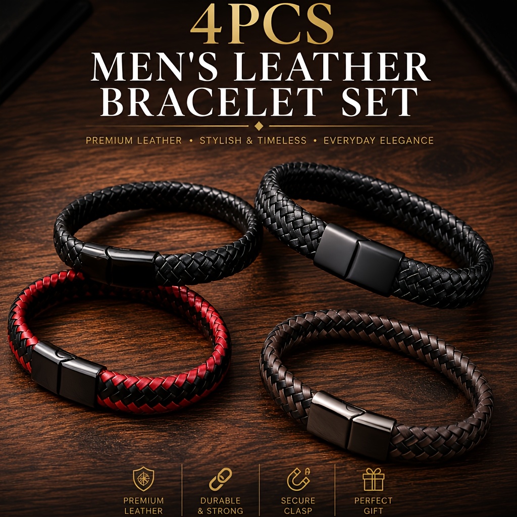 TEMU 4pcs Faux Leather Braided Wristband Set, Men' All-match Bracelet, Is For Father's Day And Valentine's Day