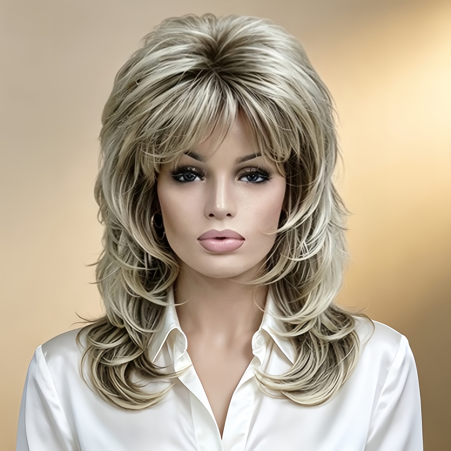 TEMU 16.92-inch Gray Long Layered Curly Hair Wig For Women, Full Bangs With And Dark , Retro 80s Elegant Daily Party Cosplay Wig