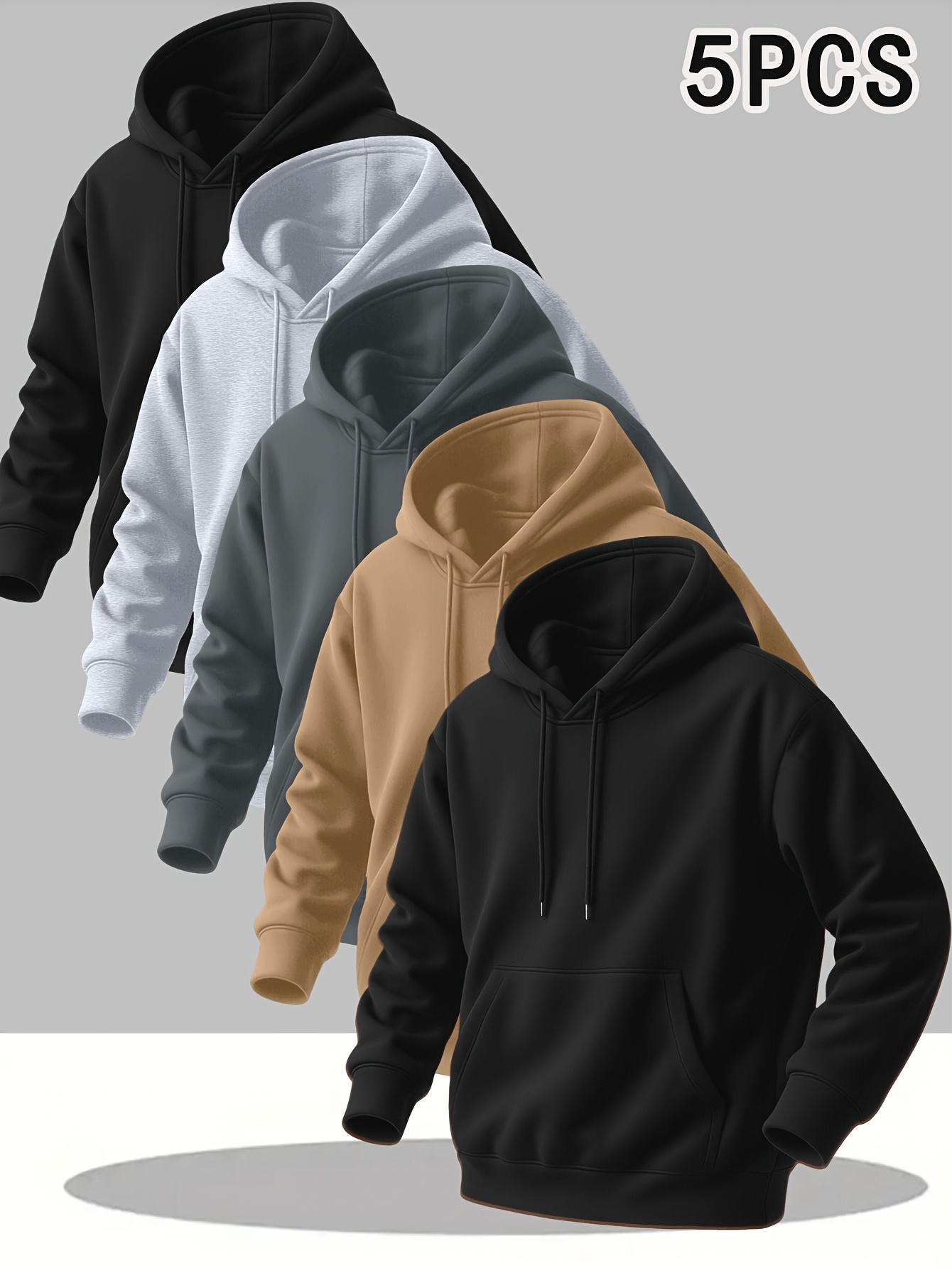 5pcs mens solid color hooded long sleeve sweatshirts with kangaroo pocket breathable pullover sweaters machine washable outdoor gym jogging wear   casual layering regular fit 5pcs bulk order discount
