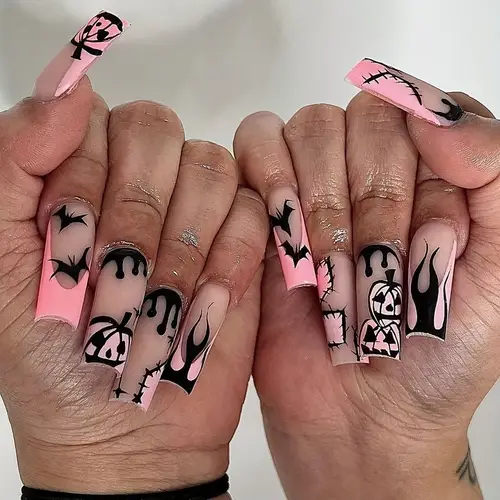 24pcs matte pink halloween flame pumpkin design long square press on nails spooky festive nail art for halloween parties halloween decorations