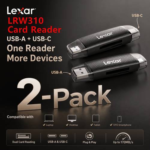Artikelbild 2er-pack lrw310 kartenleser, usb-a und type-c dual- , usb 3.2 5 bis zu 170mb/s, dual-karten gleichzeitiges lesen für sd uhs-i und tf uhs-i, otg-funktion, , unterstützt 1tb max. kapazität, kompatibel mit windows os, schwarz