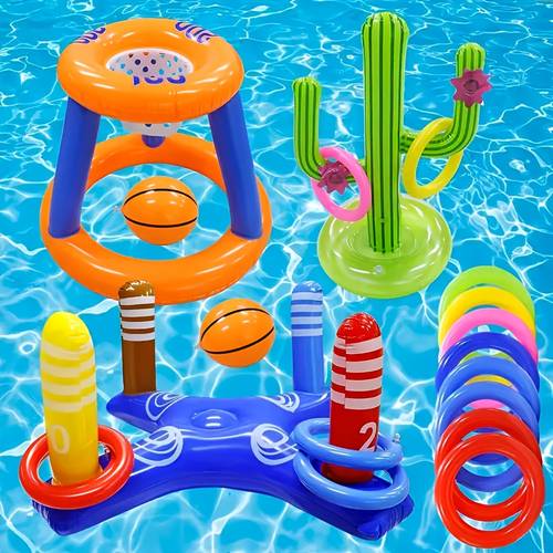a set of 6 inflatable pool toys inflatable cactus game set for water pool toys suitable for outdoor use is to throw floating swimming rings including inflatable and the colorful rings are suitable for carnival party decoration