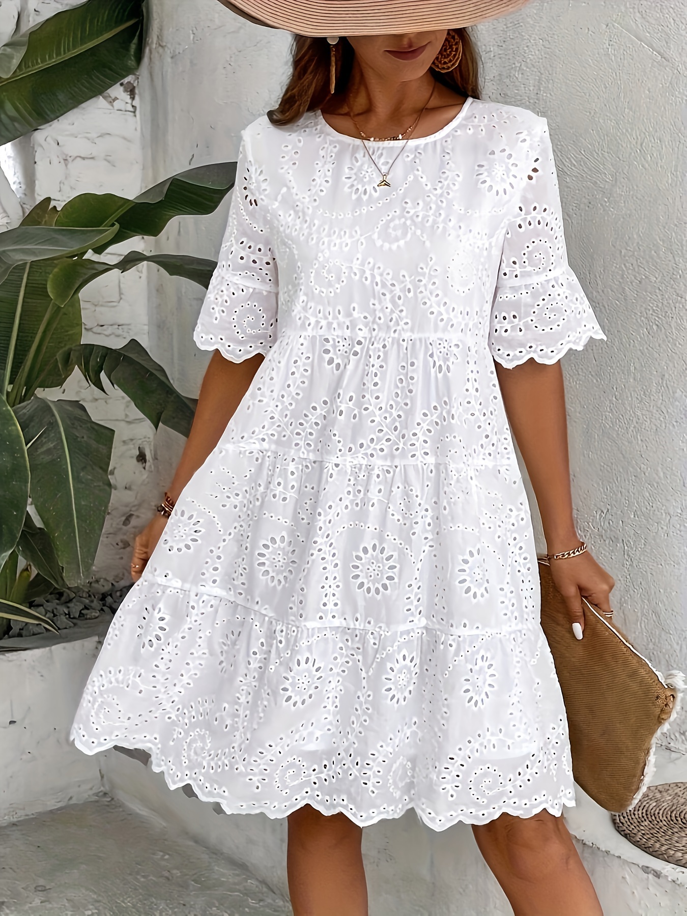 womens white lace embroidered a line dress with puff sleeves round neck loose fit tiered skirt for spring summer fall casual to semi formal occasions lace skirt everyday elegant wear feminine elegant   design