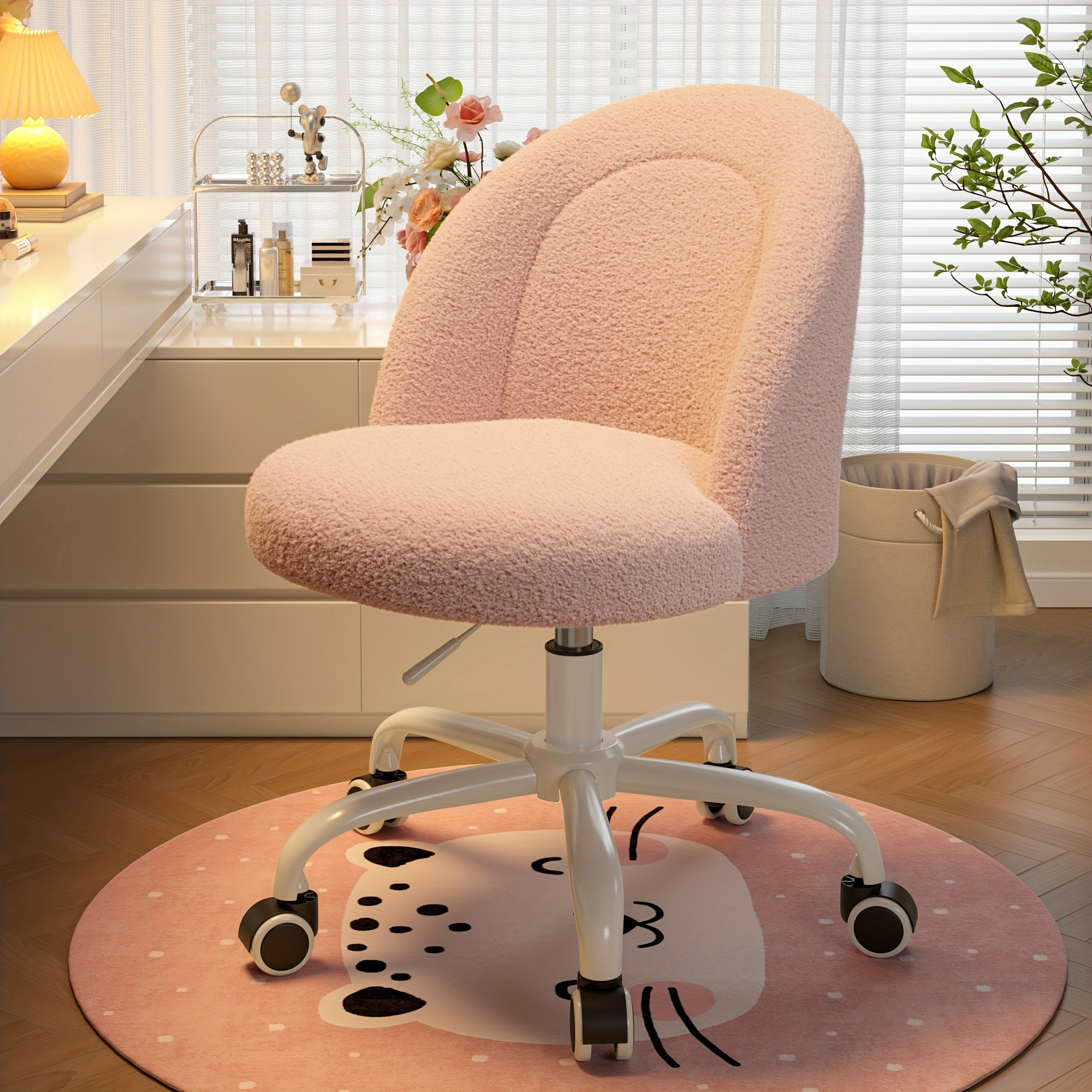 TEMU Vanity Chair With Lumbar Support, Adjustable Swivel Armless Desk Chair, Teddy, Compact For Small Spaces, Bedroom, Beige, Jelly Pink, White,