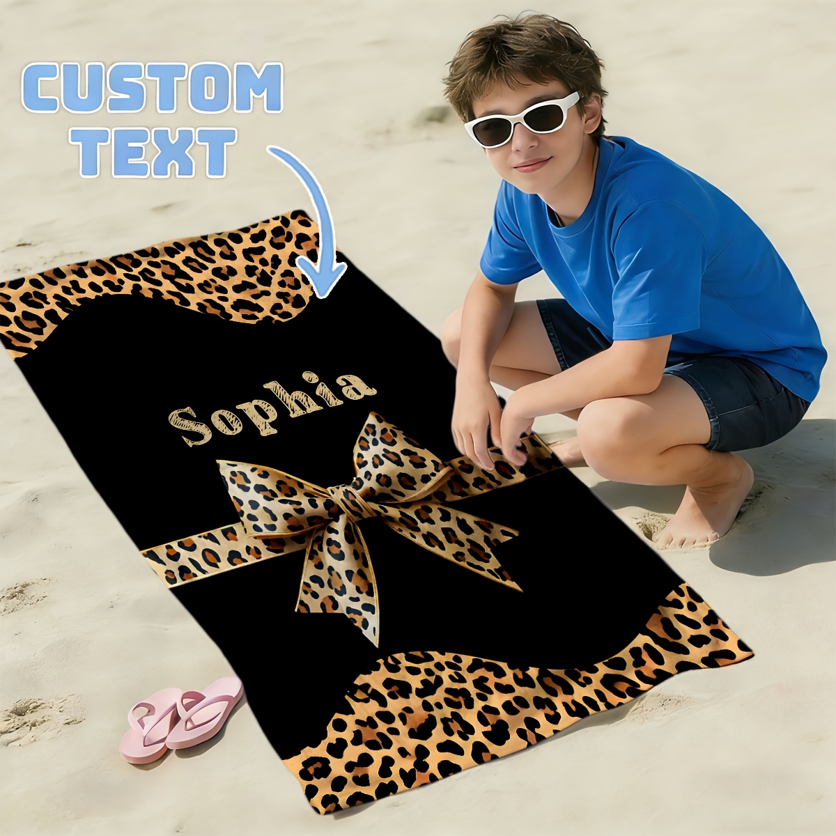 TEMU 1pc Personalized Leopard Print Bow Beach Towel Beach Vacation Bath Towel Scarf Towel