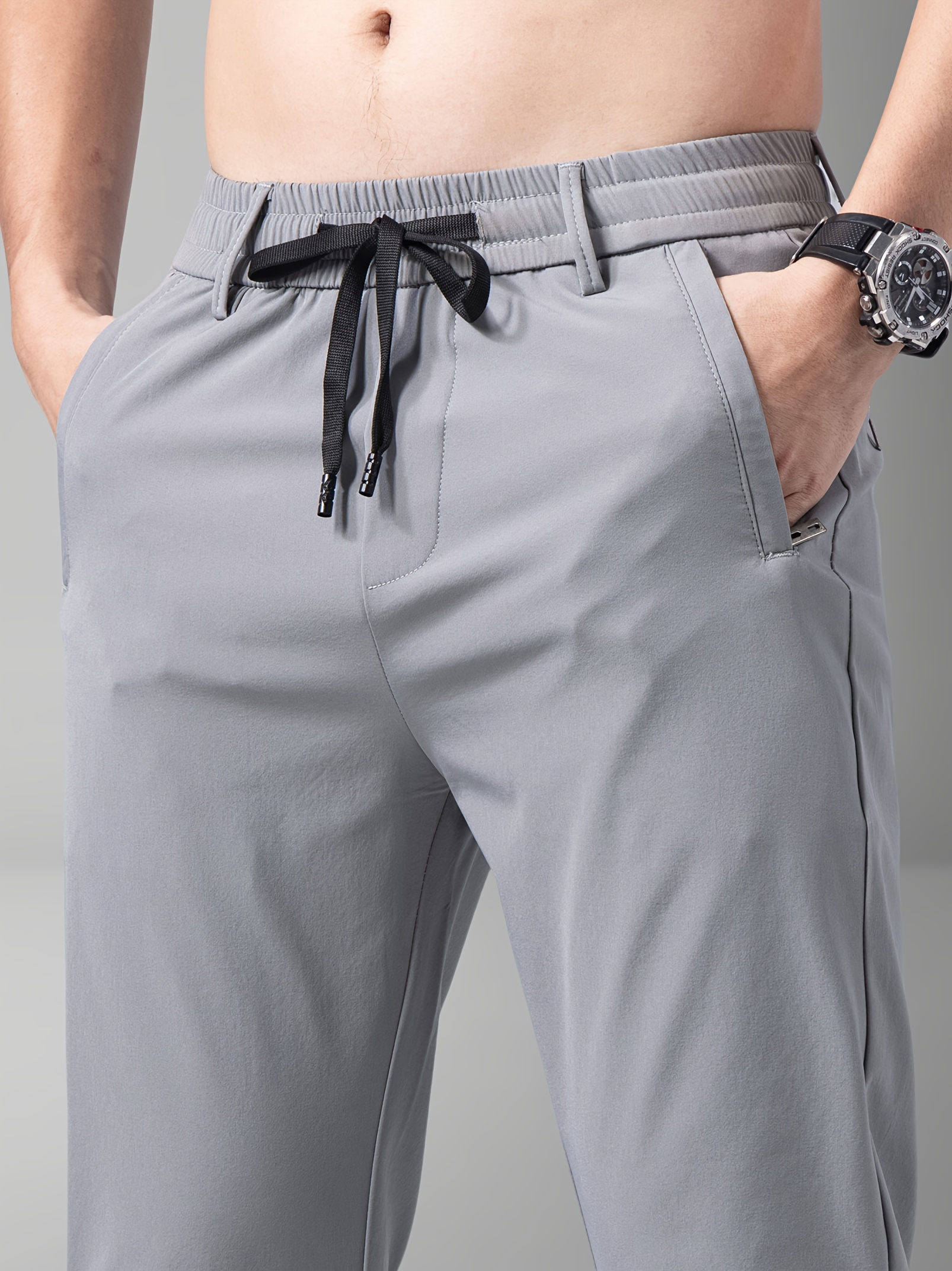 mens summer sports pants gray drawstring waist zippered pockets casual outdoor athletic wear for tennis golf casual athletic wear casual sportswear polyamide fabric details 4