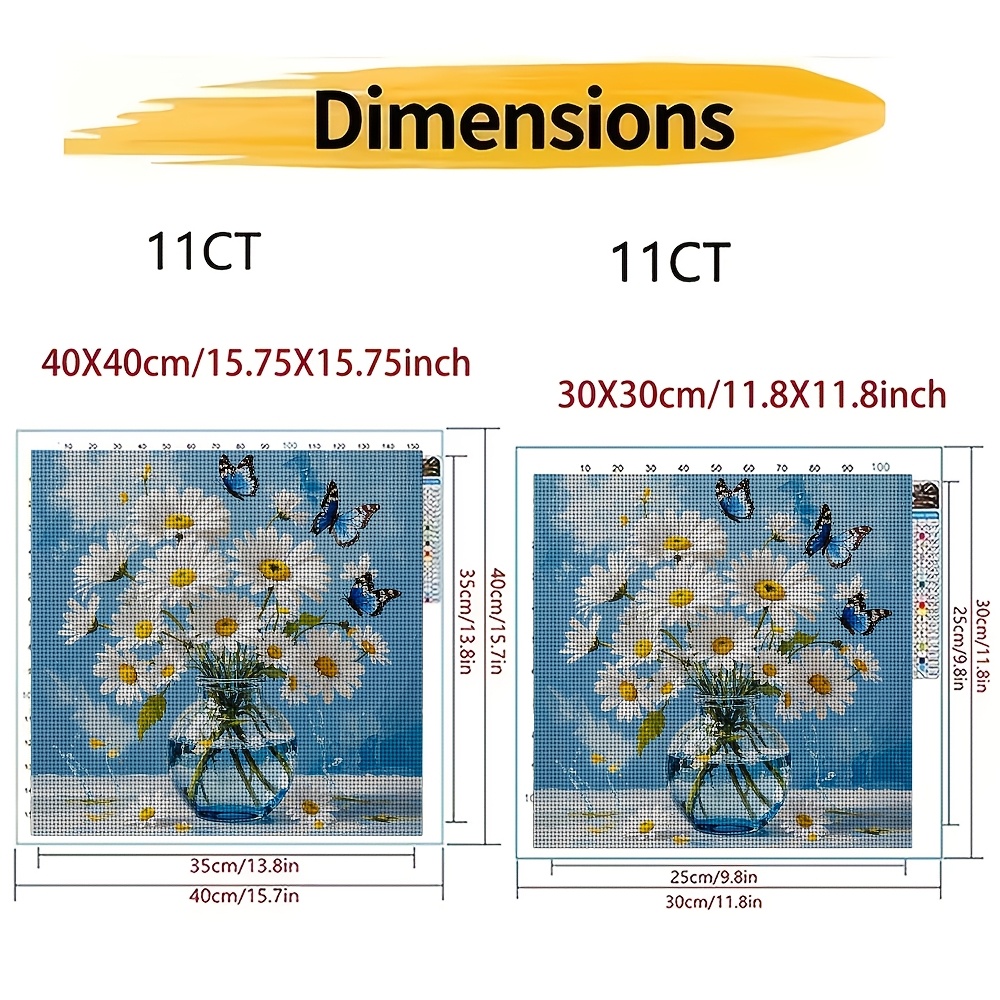 DIY Cross-Stitch Printed Kit of Daisies and Blue Butterflies, Unframed