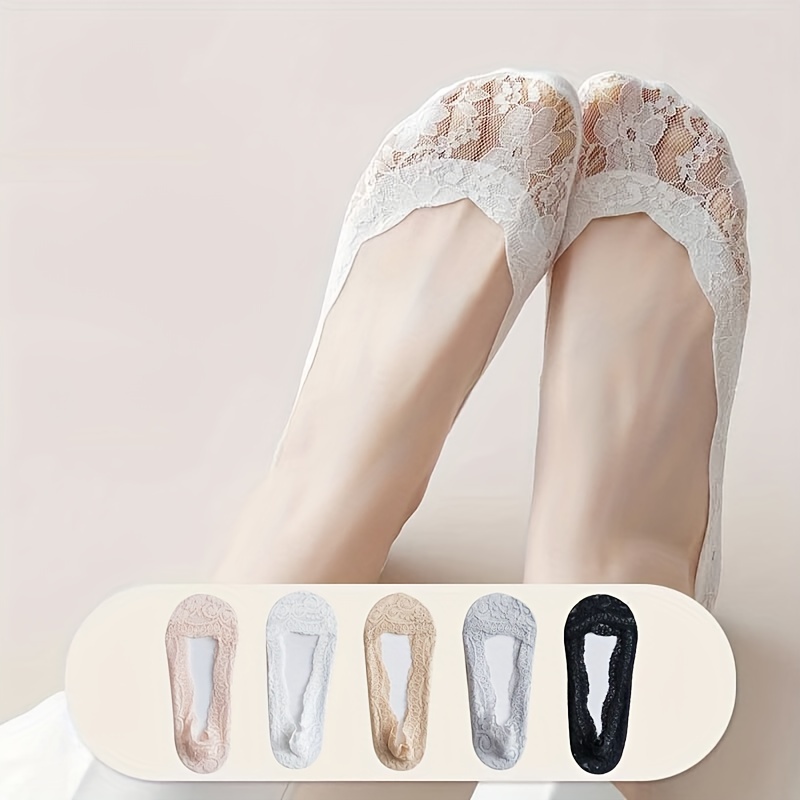 

5 Pairs Lace Invisible Socks, Soft & Lightweight Low Cut Boat Socks, Women's Stockings & Hosiery