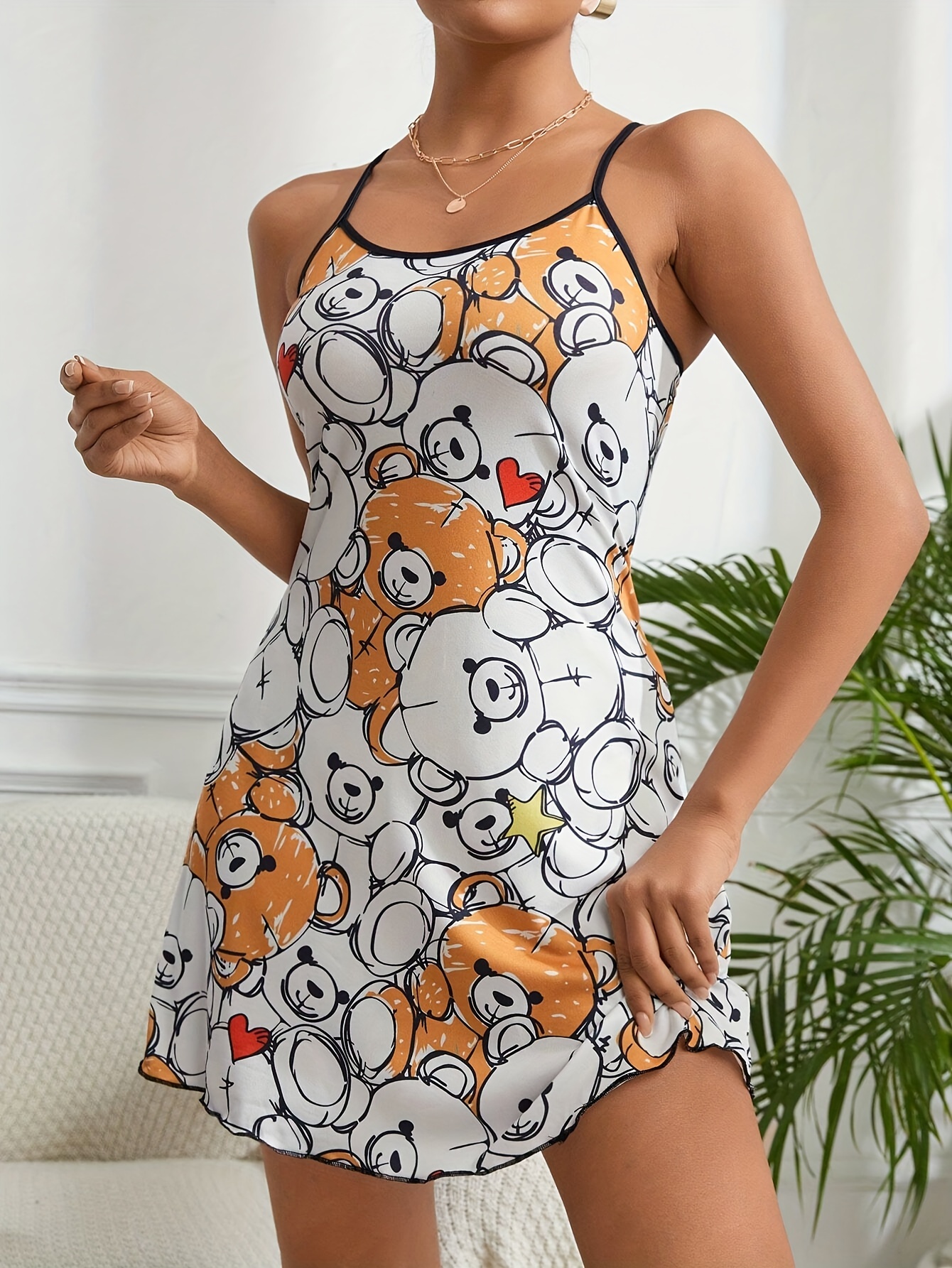 Chemise de nuit imprimé ours, jolie robe * nu à encolure ronde, vêtements  de nuit pour femmes