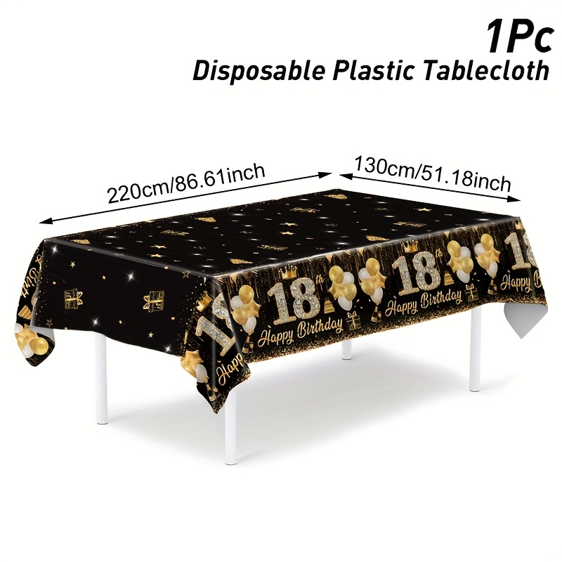 E-shop 1 Stück Elegantes Schwarzes & Goldenes 18. Geburtstags-Tischdeckchen - Einweg-Plastik, Diamantmuster mit Ballons & Kuchen-Design, 86.6"x51.1" -