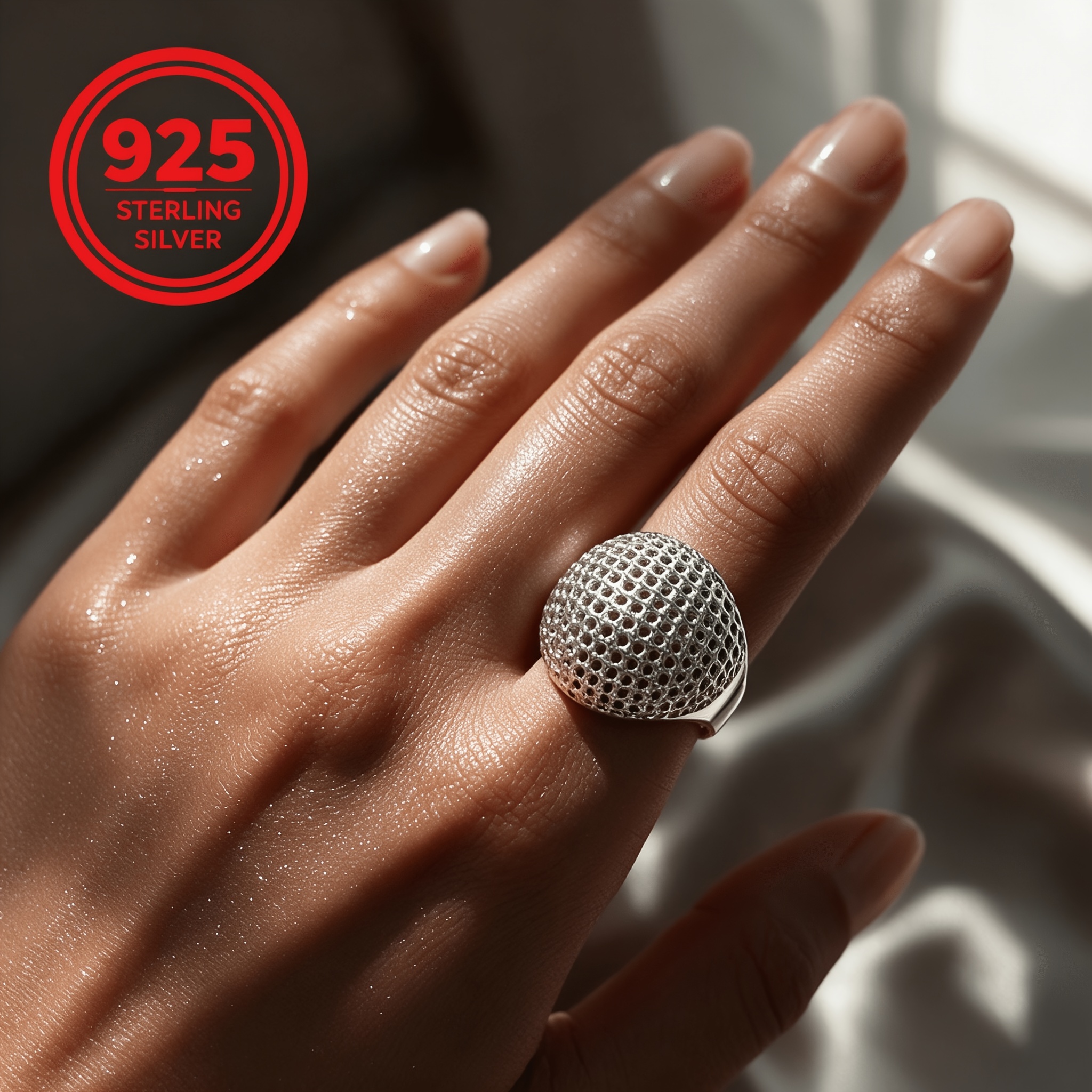 925 Silver Low-Allergy Adjustable Bead Hollow Ring