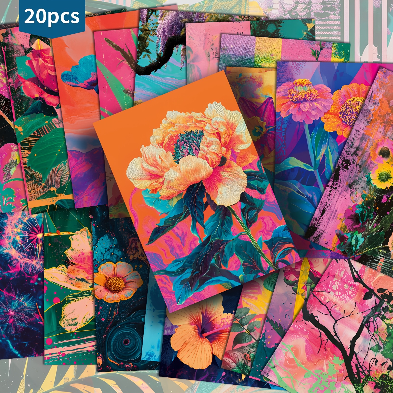 E-shop Set mit 20 Retro Bunte Psychedelische Blumen Postkarten - 4X6 Zoll, Ideal für Junk Journals, Mit Klassischer Kunst, Sammelbare Dekorative Karten