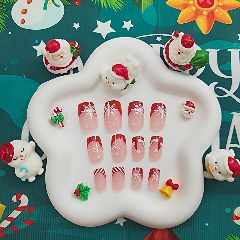 Image of 24 Medium-sized Square Fake Nails In Red With Pointed Tips, Glossy End, Nude Fake Nails Featuring A Snowflake Christmas Hat Design, Artificial Nails, Perfect For Christmas Gifts