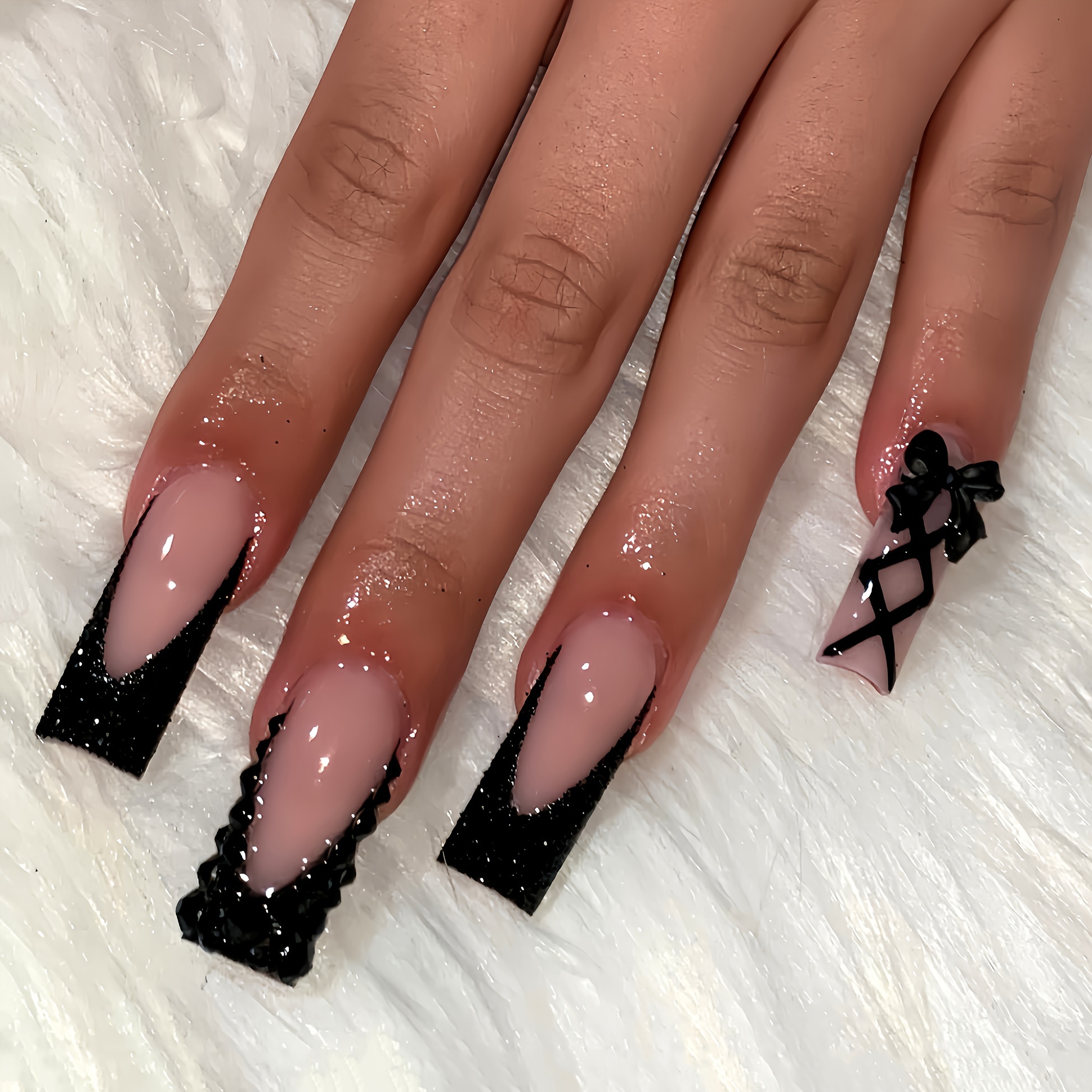 

24 Pieces Of Black And Nude Square Nail Decals With Lace Bow Details - Perfect For A Chic And Edgy Look