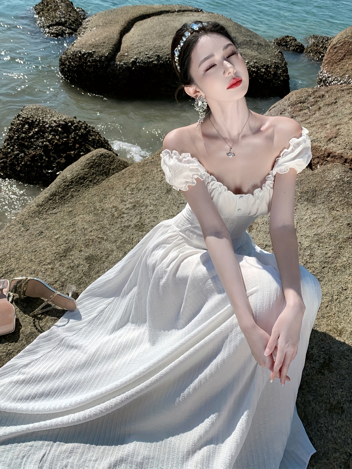 off the shoulder wedding dress guest Mermaid Maxi Lace Beaded Wedding Guest Dress Off the Shoulder Formal Gown  COCOMELODY CG0323