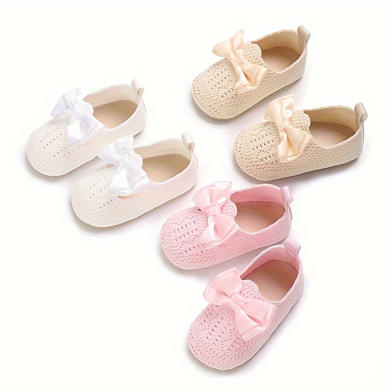 

Trendy Cute Bowknot Solid Color Woven Shoes For Baby Girls, Breathable Lightweight Walking Shoes For Spring Summer Autumn