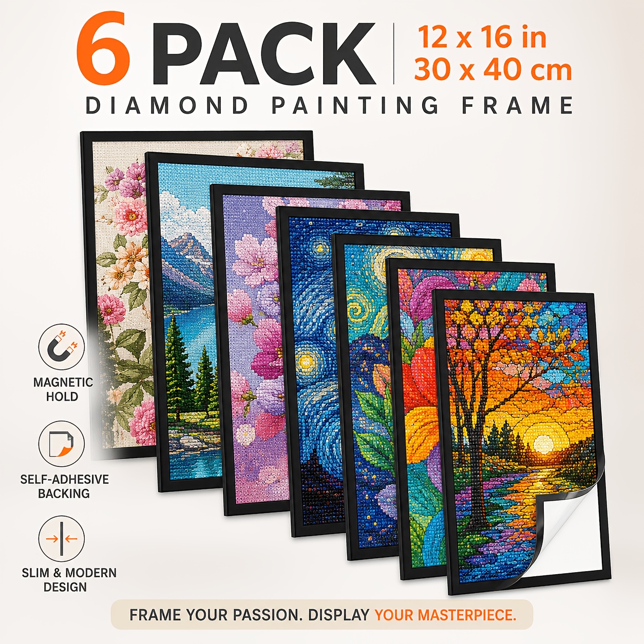 TEMU 6 Pack Diamond Painting Frames 12x16in/30x40cm, Black Magnetic Self-adhesive Picture Frames, Slim Pvc Poster Photo Art Display Frames, Easy