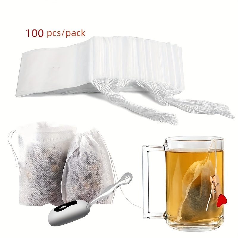 a package containing   disposable tea bags with drawstrings made from nonwoven material ideal for loose leaf tea herbs and spices   in different sizes 6cm x 8cm 7cm x 9cm 8cm x 10cm details 8