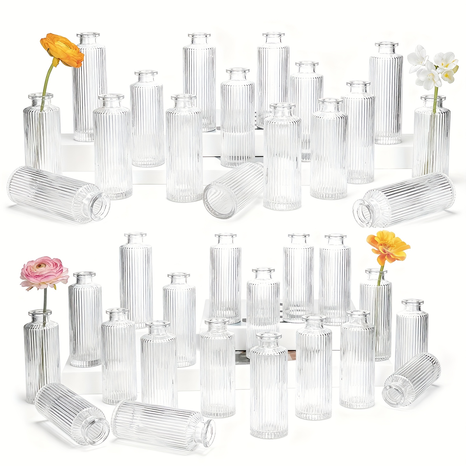 TEMU Tomnk 9pcs/12pcs/36pcs Clear Glass Bud Vases Suitable For Flowers, 3 Styles Mini Round Cylinder Vase With Striped Glass Tubes For Fresh/dried
