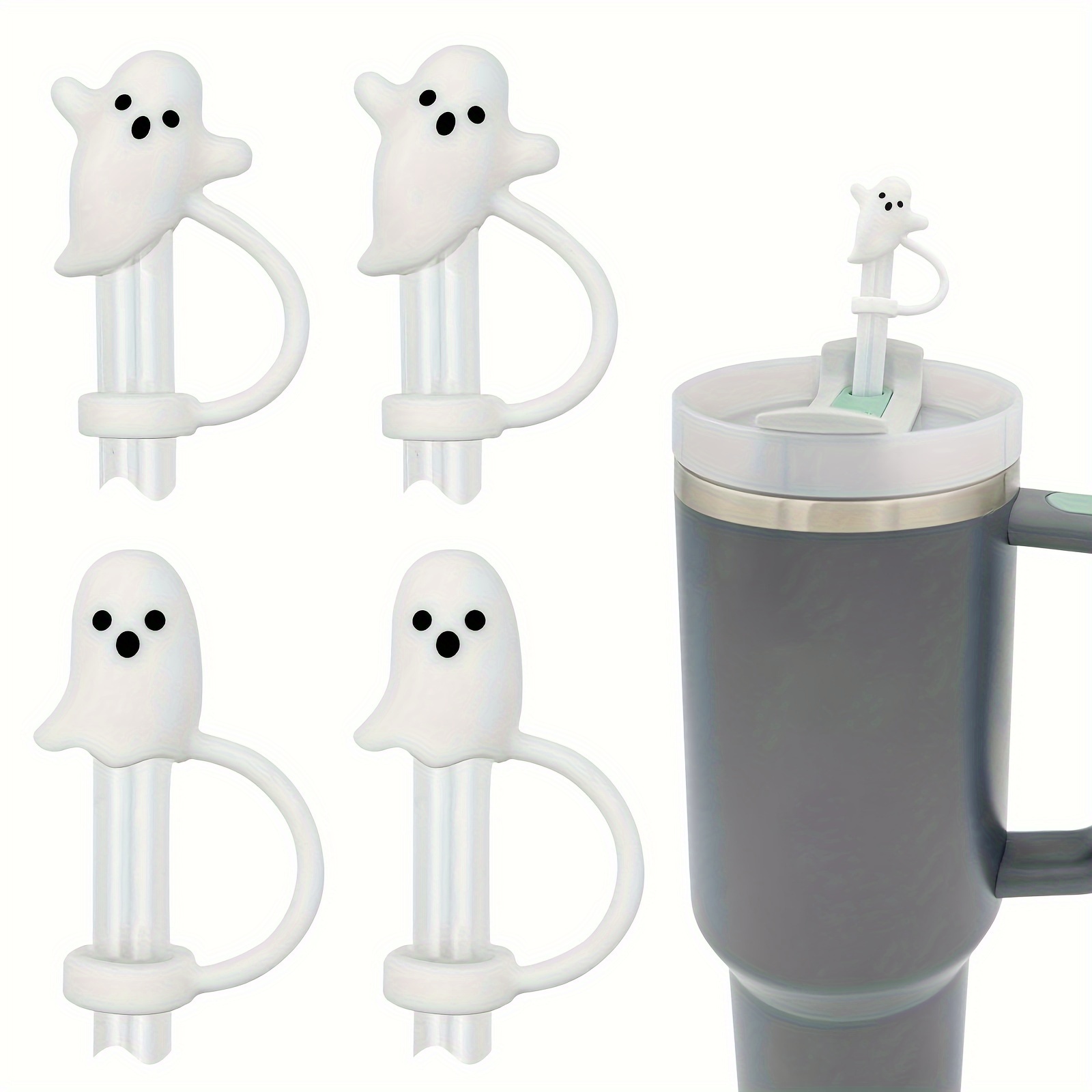 

Silicone Ghost Straw Toppers For Stanley Tumbler 30oz & 40oz, Reusable Drinking Straw Covers, Halloween Themed Funny Cup Accessories, Set Of 4