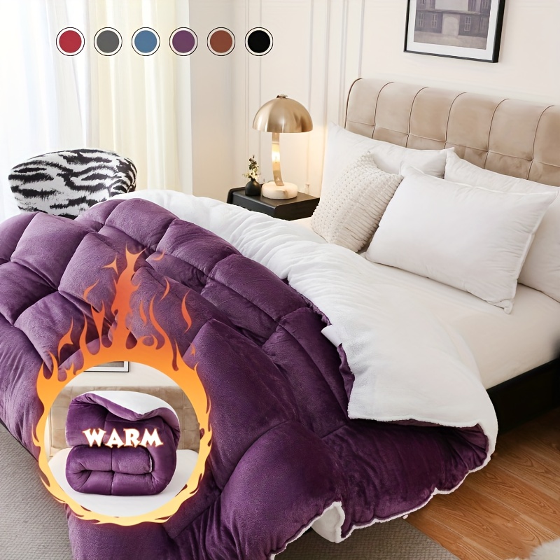 TEMU 1pc Thick Soft Comforter Plush Flannel Sherpa Comforter, 600g Filling Ultra Breathable All Season Comforter Double-sided, Box Solid Color