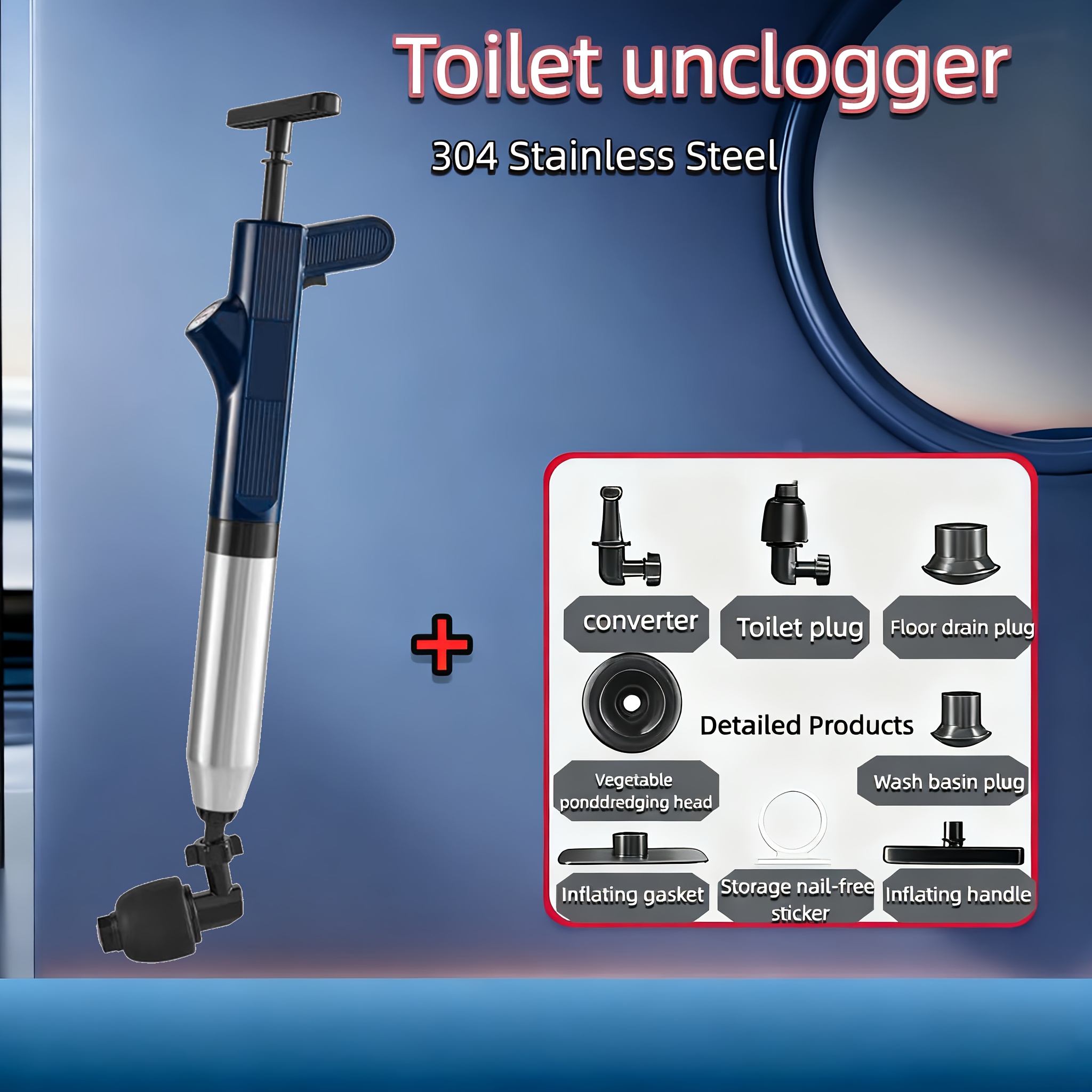 Image of High-pressure Air Dredge, Stainless Steel Plunger Kit, Pipe Tool For Unclogging, Metal Build, Perfect For Pipes, Kitchen Drains, And Bathrooms