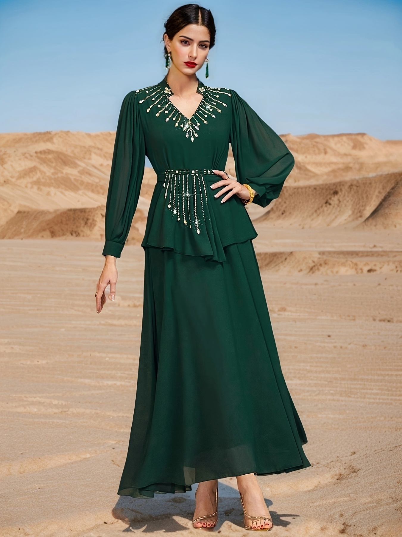 women's emerald green & dress - middle eastern-inspired long sleeve belted  gown with intricate embroidery, hand washable traditional formal & festive  attire, emerald dress, cultural attire, nontransparent fabric, no stretch  fabric, special