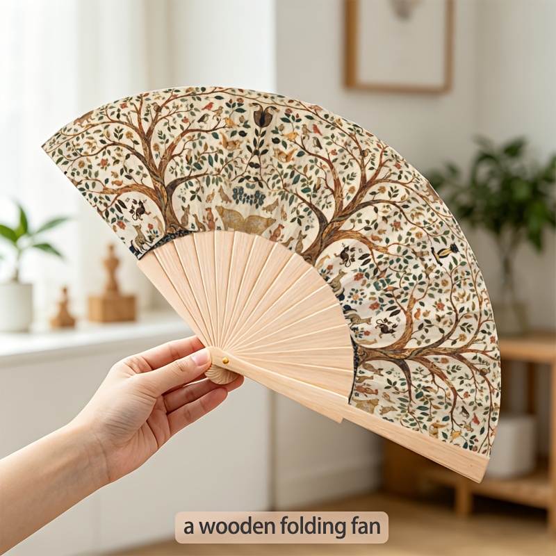 TEMU [23cm Wooden Folding Fan] A Lightweight Wooden Folding Fan Featuring Vine And Pattern. A Portable Essential For And A Festive Atmosphere At