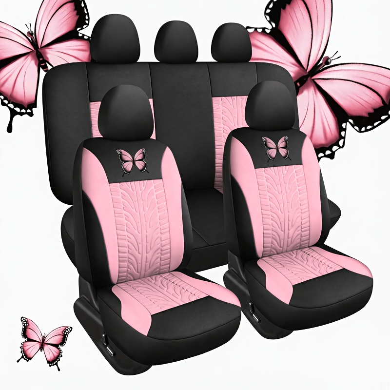 TEMU Five-seat Full Set Embroidered Car Seat Covers, Fabric Material, Wear-resistant, Breathable, And Dust-proof, Seat Protectors, Universal Fit For