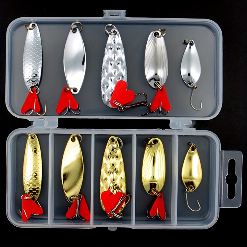 

10pcs Premium Metal Sequin Hard Fishing Lure Set In Colors -shaped Treble Hooks - Iron Construction, Organized In A Clear Box For Easy , Fishing Accessory|vibrant Fishing Lures|textured Metal Lures