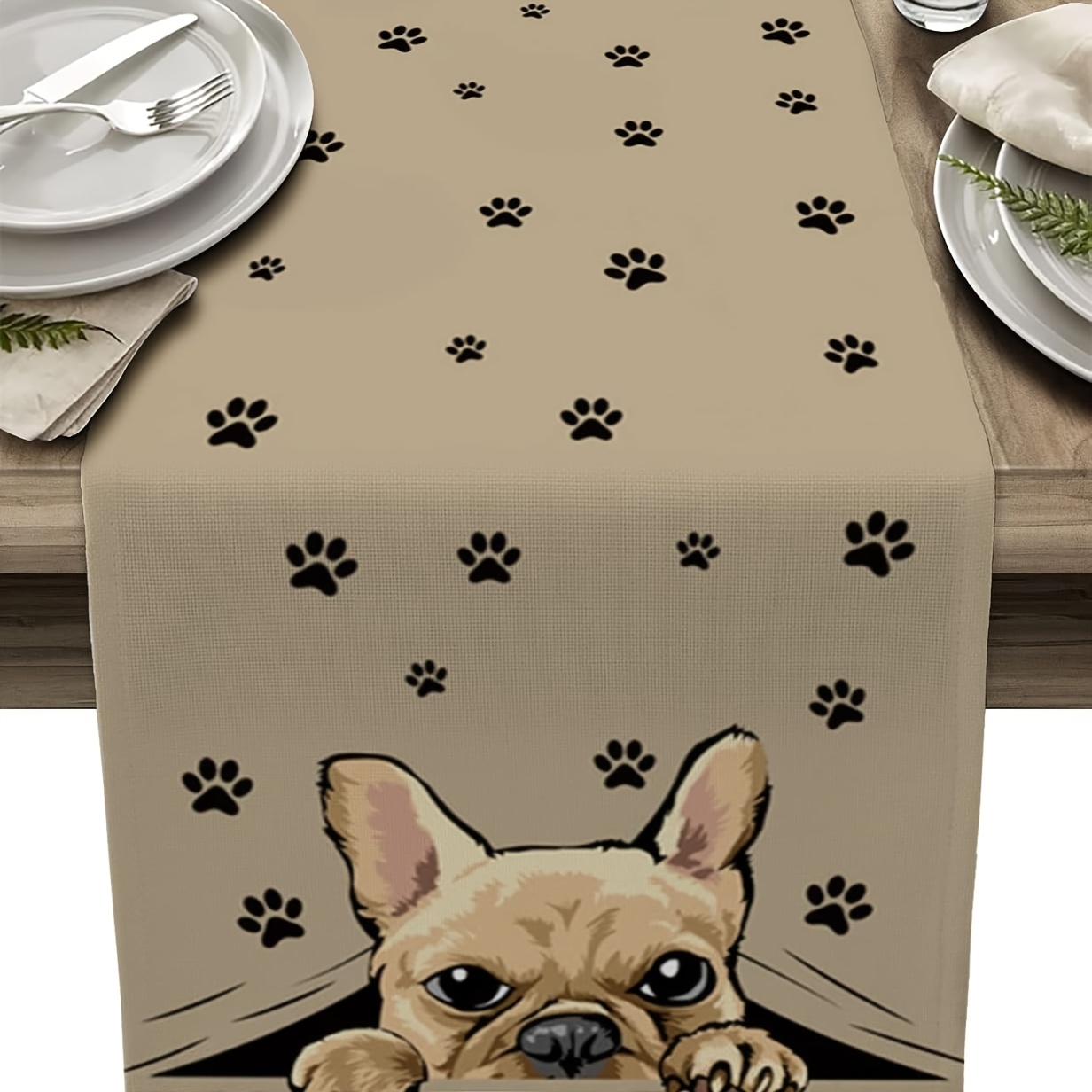 

1pc Cute French Bulldog Pattern Table Runner - Woven Polyester Rectangular Table Flag, Holiday Dining Decor, Indoor/outdoor Party Use, Ideal For Home & Restaurant Decoration, Tablecover Decor