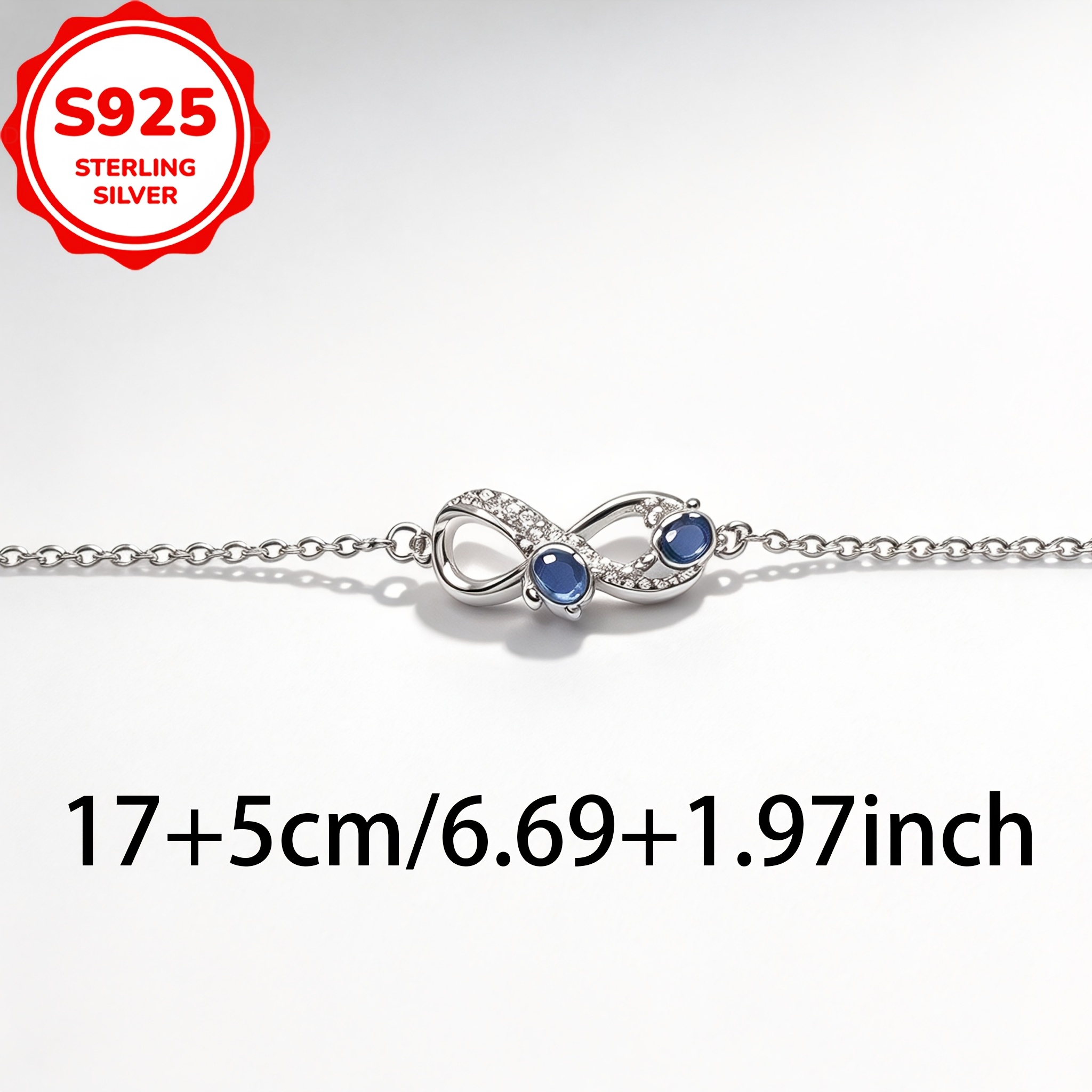 S925 Silver Infinity Symbol Blue Zirconia Bracelet, Adjustable