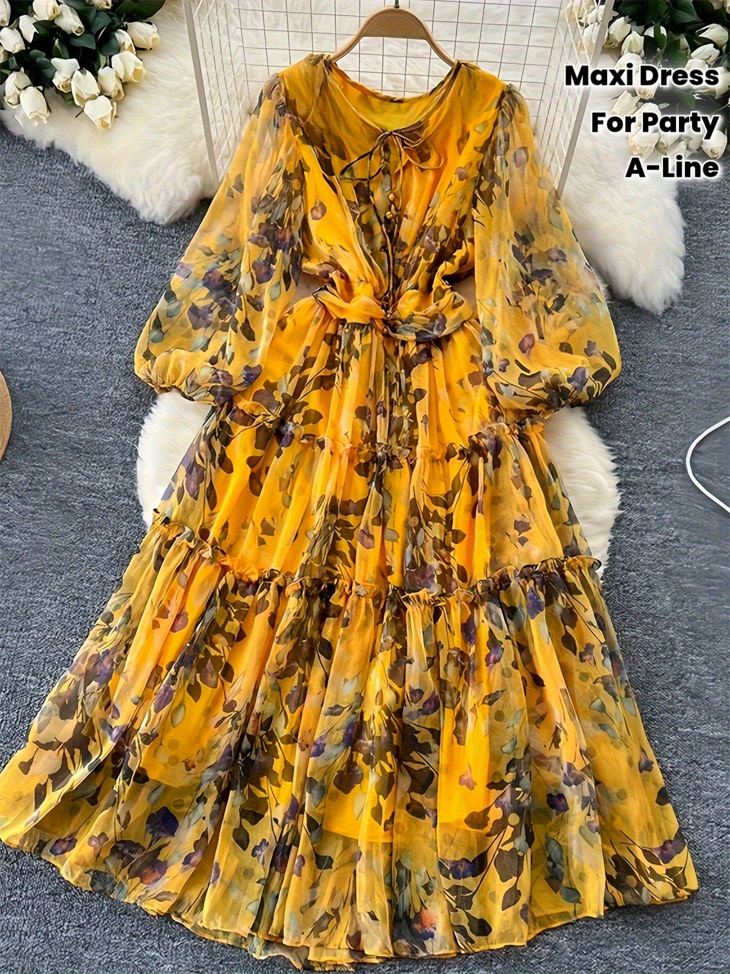 chinese dress ladies Mustard Frill Wrap Long Sleeve Dress  AX Paris
